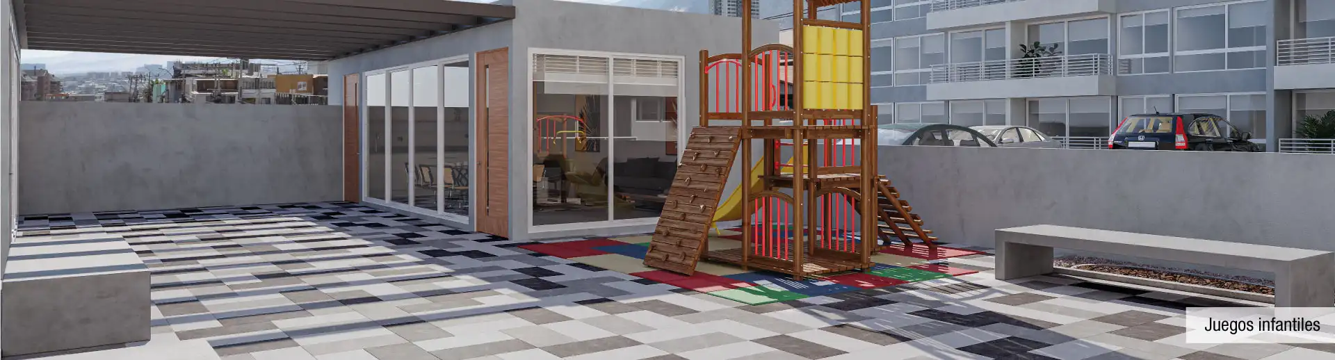 Zona de juegos infantiles de Condominio Trocadero en Antofagasta, mostrando espacios seguros al aire libre.