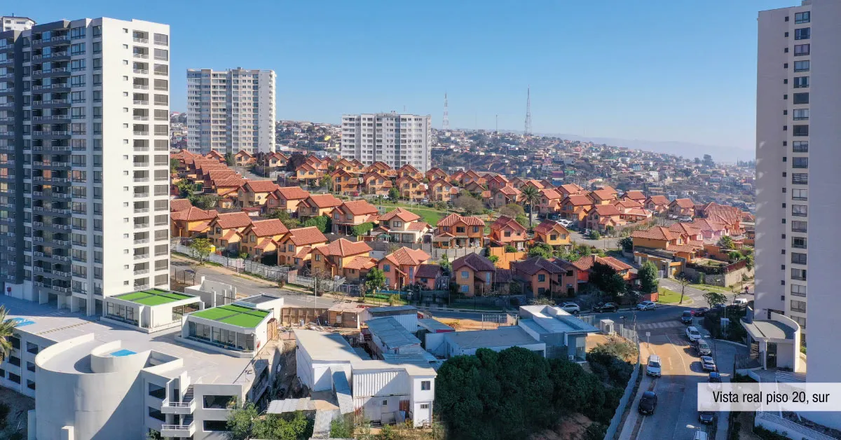 Vista panorámica sur desde el piso 20 de Condominio Alto Marañón 3 en Viña del Mar.