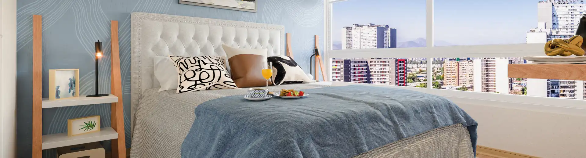 Dormitorio principal con piso vinílico SPC en piloto de Condominio Francisco Zelada, Estación Central.