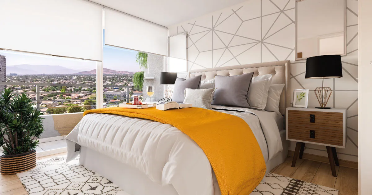 Acogedor dormitorio principal con piso vinílico SPC en Condominio Francisco Zelada, Estación Central.
