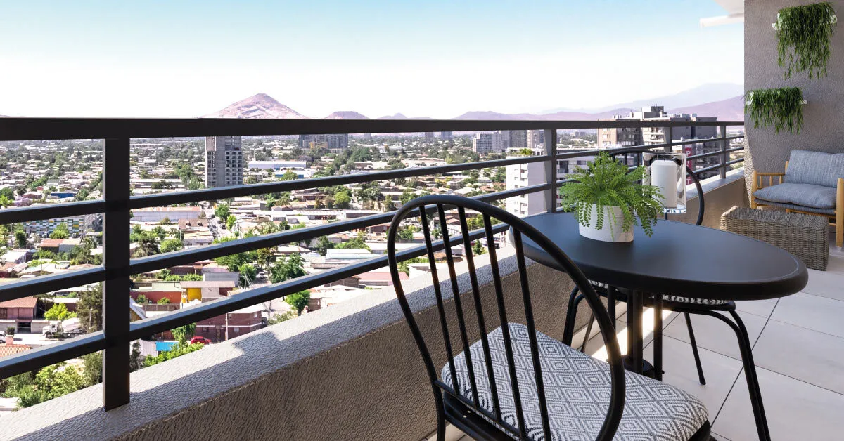 Terraza con piso de cerámica y vista panorámica en piloto de Condominio Francisco Zelada, Estación Central.