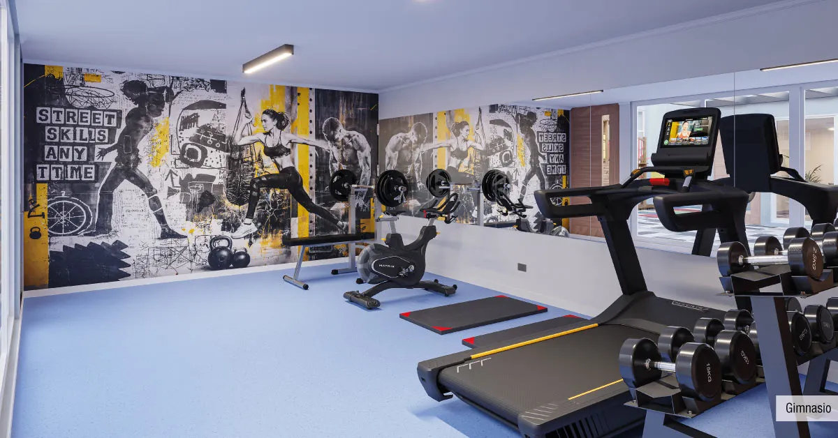Gimnasio equipado de Condominio Trocadero en Antofagasta, mostrando sus modernas máquinas y pesas.