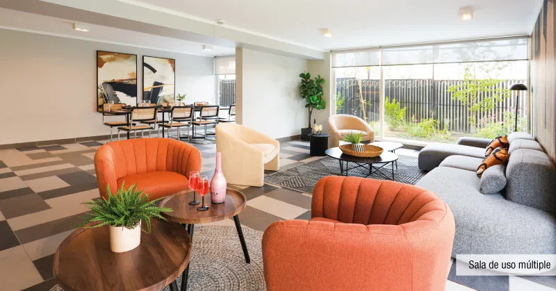 Espacios de estar en sala de uso múltiple de Condominio Parque del Sur, La Cisterna, gran diseño.