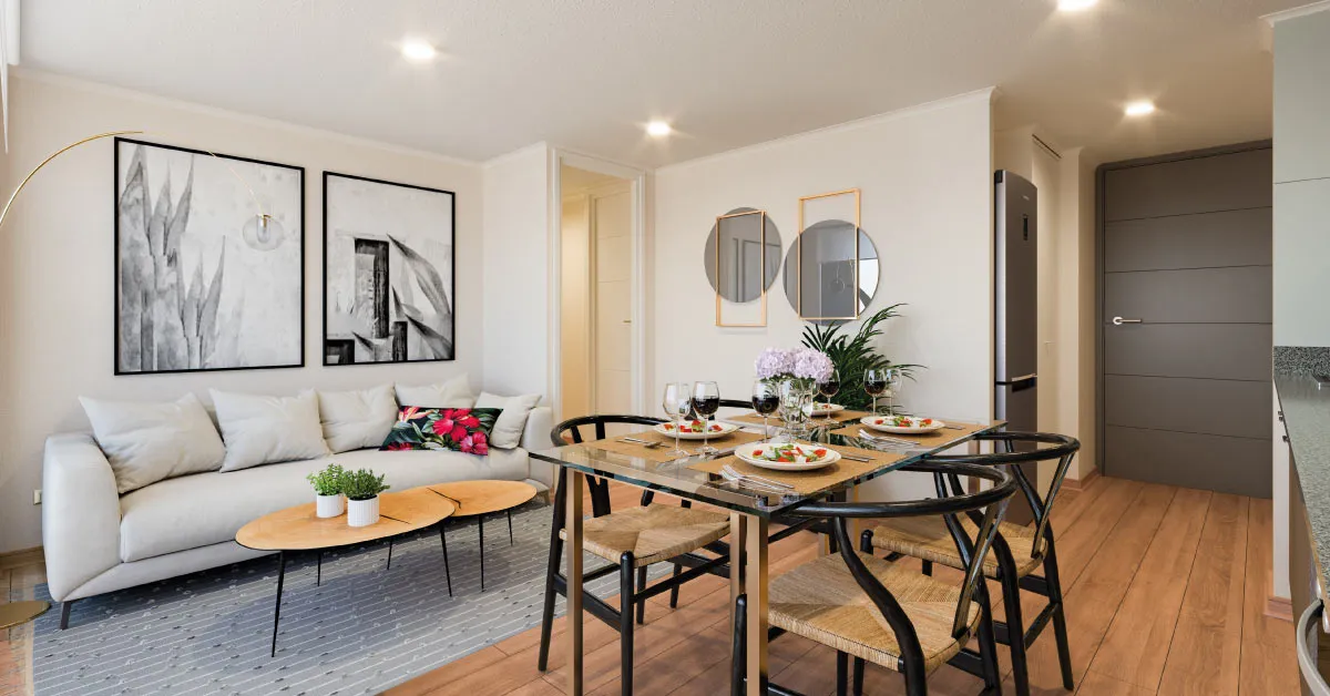 Comedor y sala de estar con piso vinílico SPC en moderno piloto de Condominio Francisco Zelada, Estación Central.