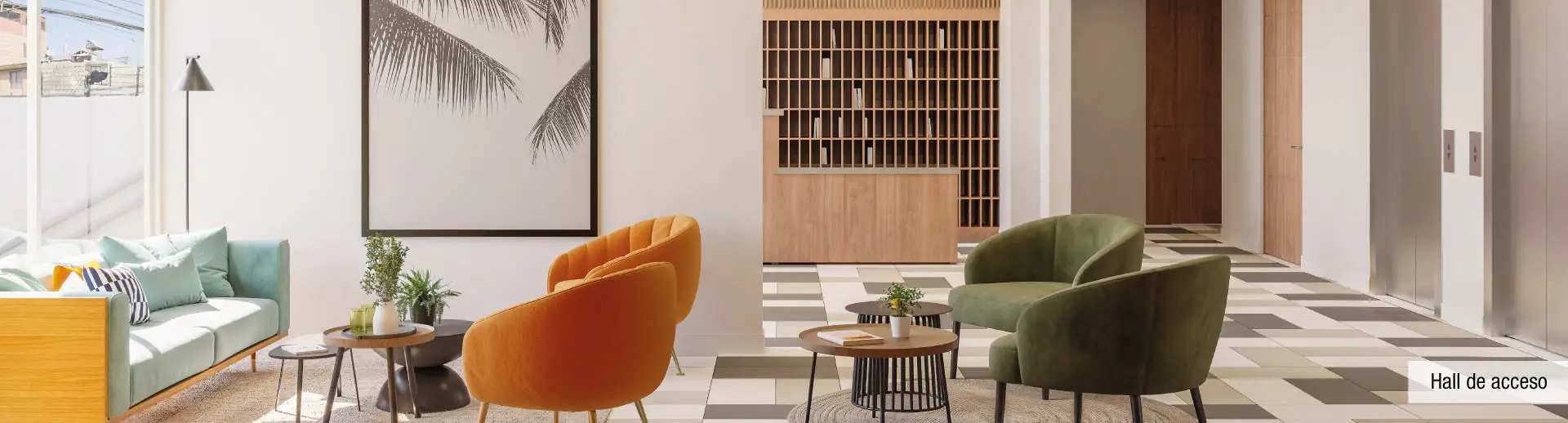 Hall de acceso independiente de Condominio Trocadero en Antofagasta, mostrando su moderna área de recepción.