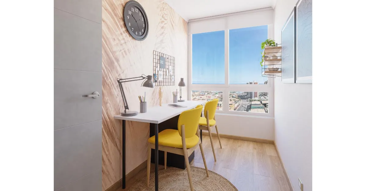 Dormitorio de Condominio Trocadero en Antofagasta habilitado como home office, mostrando su piso vinílico SPC.
