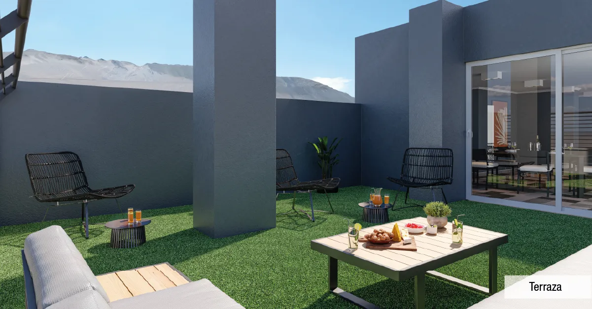 Terraza habitable con cómodos sectores de estar en piso 26 de Edificio Dieciocho de Septiembre, Iquique.