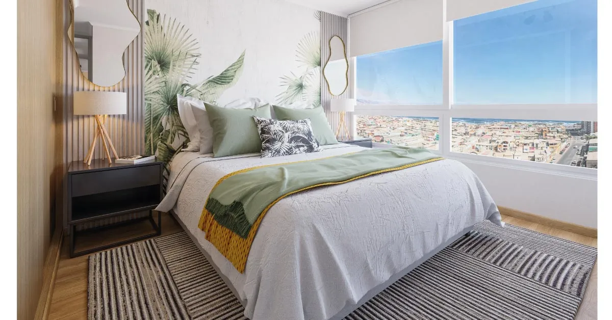 Dormitorio principal de Condominio Trocadero en Antofagasta, destacando su piso vinílico SPC y vista al mar.