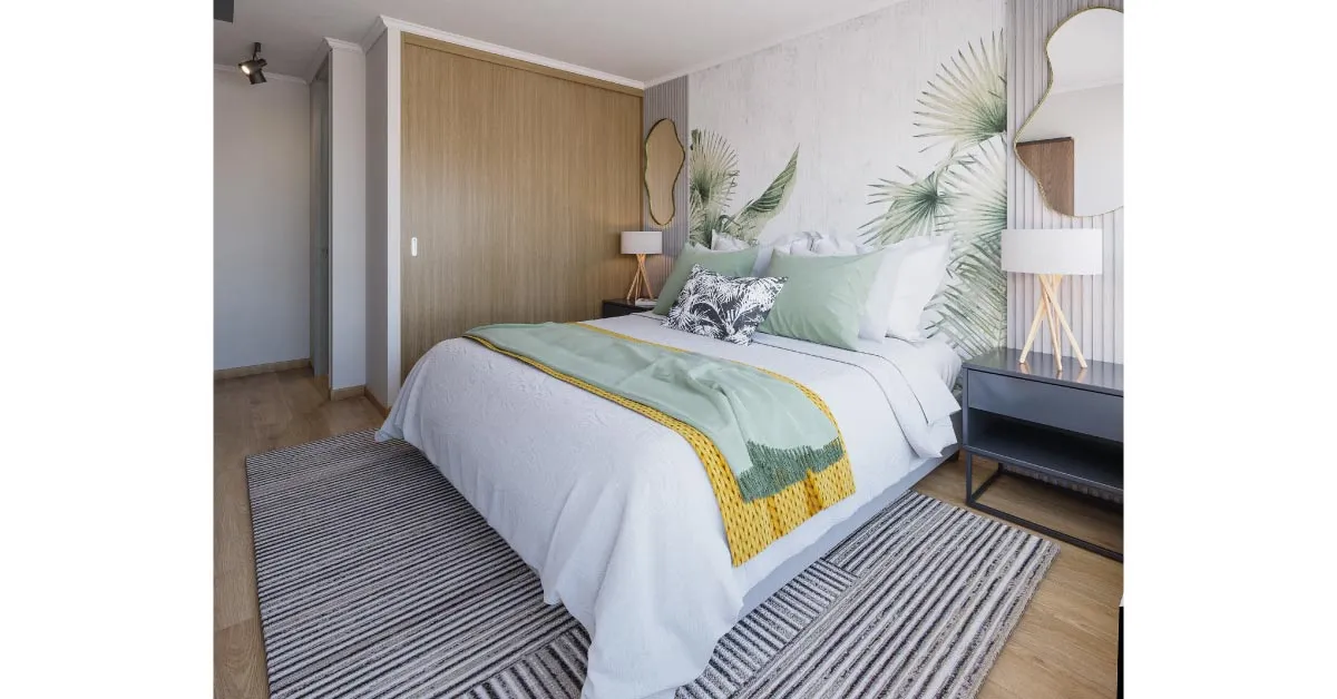 Dormitorio principal en suite de Condominio Trocadero en Antofagasta, mostrando su moderno piso vinílico SPC.