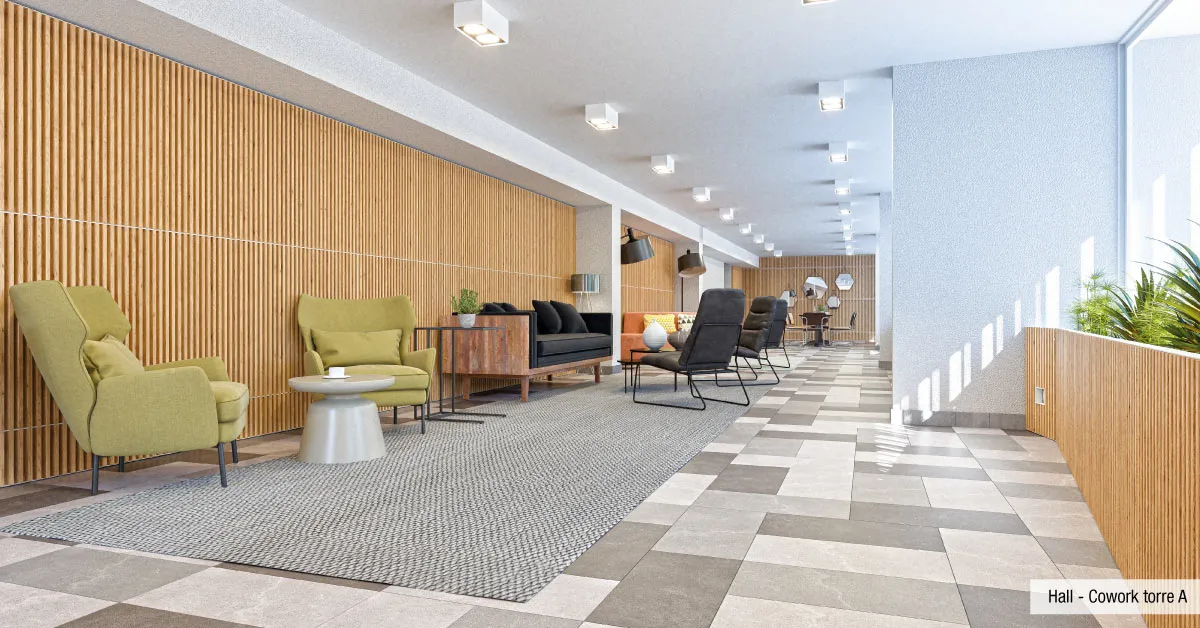 Hall de acceso y cowork de libre uso con moderna decoración en Condominio Francisco Zelada, Estación Central.