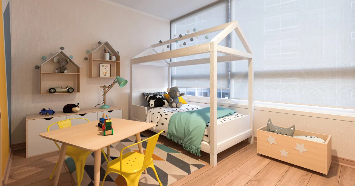 Dormitorio infantil con piso vinílico SPC en piloto del Condominio Francisco Zelada, Estación Central.