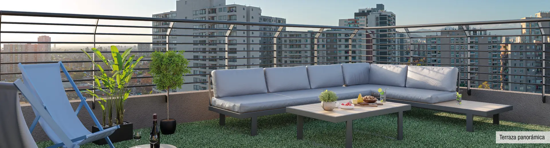 Terraza con vista panorámica de Edificio Santa Corina en La Cisterna, destacando cómodos sillones.