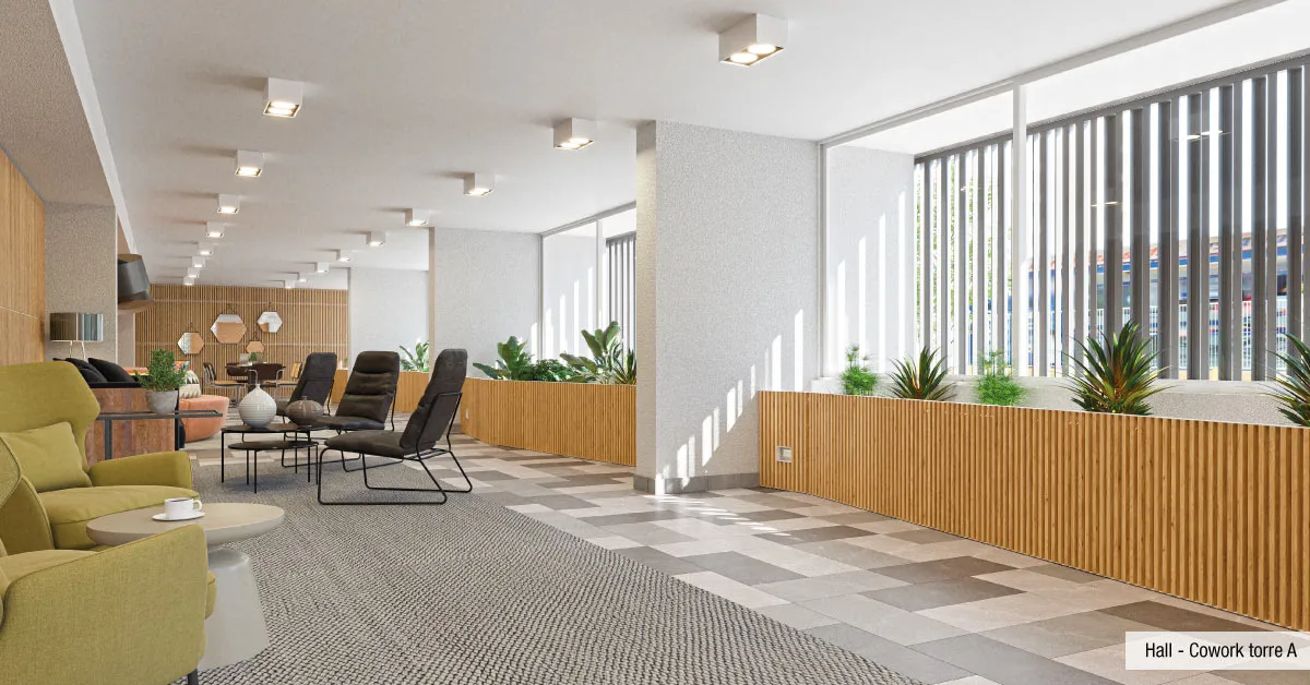 Cómodo sector cowork y hall con jardineras de interior en Condominio Francisco Zelada, Estación Central.