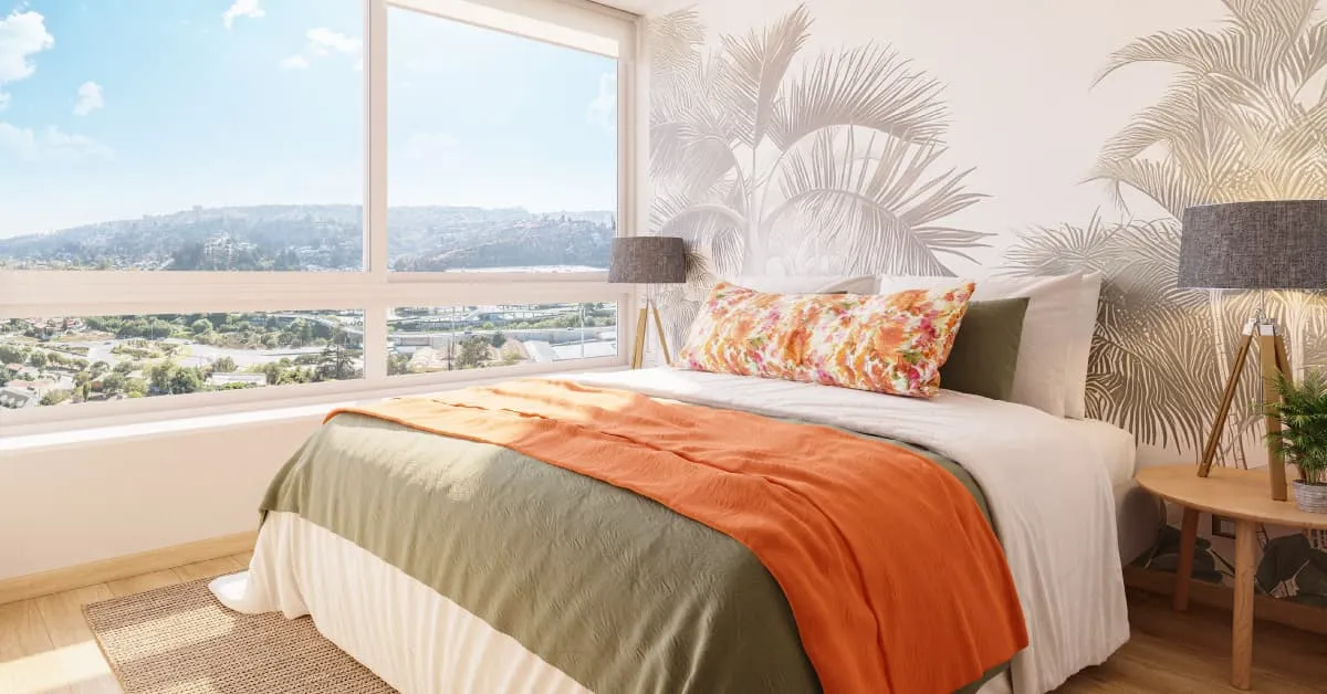 Dormitorio principal en suite con piso vinílico SPC en Edificio Álvarez Oriente, Viña del Mar.