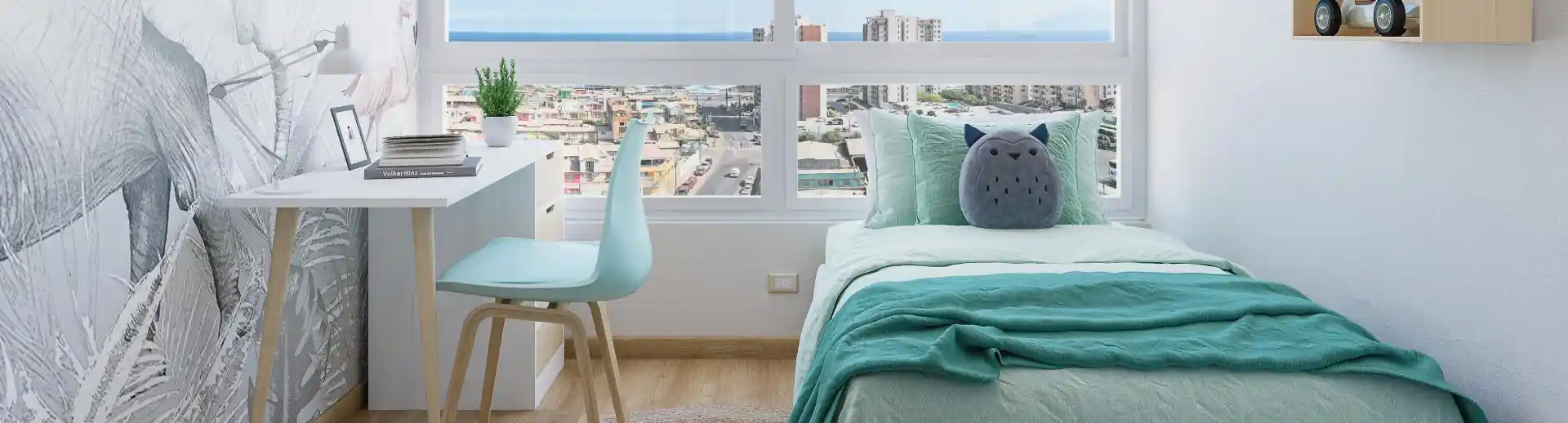 Dormitorio infantil de Condominio Trocadero en Antofagasta, destacando su piso vinílico SPC y gran iluminación.