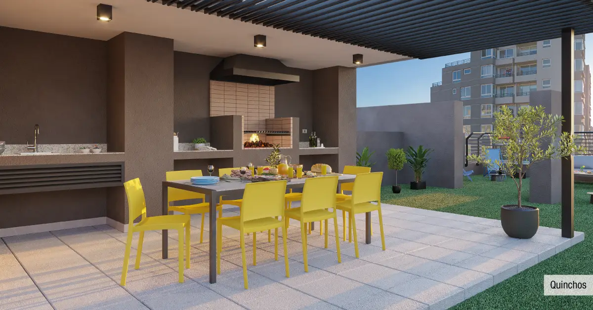 Quinchos en cubierta de Edificio Santa Corina, La Cisterna, destacando áreas de comedor y parrilla.