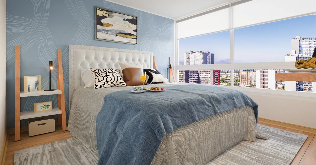 Dormitorio principal con piso vinílico SPC en piloto de Condominio Francisco Zelada, Estación Central.