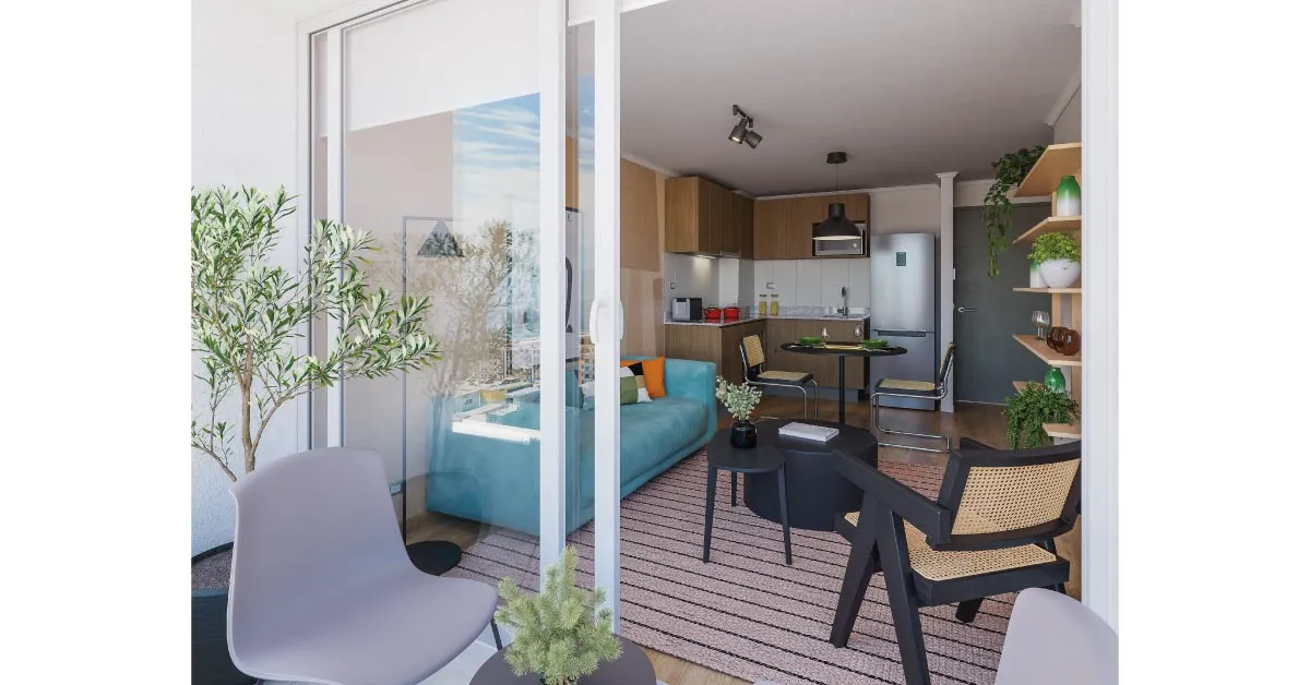 Terraza con piso gres porcelánico de Condominio Trocadero en Antofagasta, conectada al living con piso vinílico.