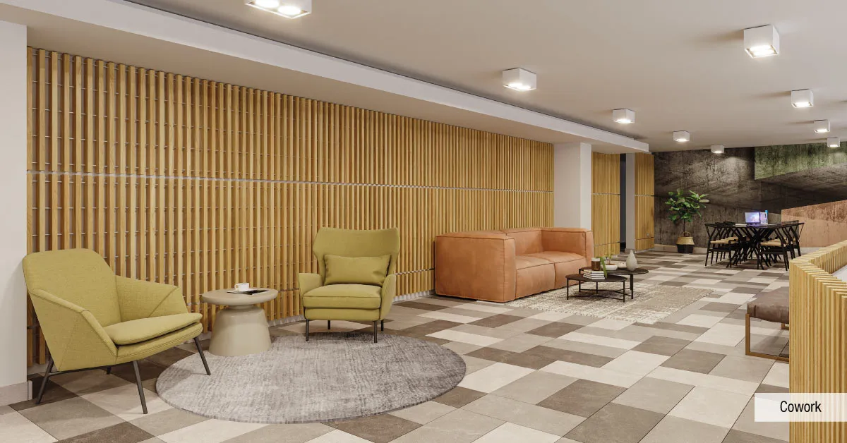Cómodo sector Cowork de Edificio Pedro de la Barra en Santiago Centro, mostrando su moderna decoración de libre uso.
