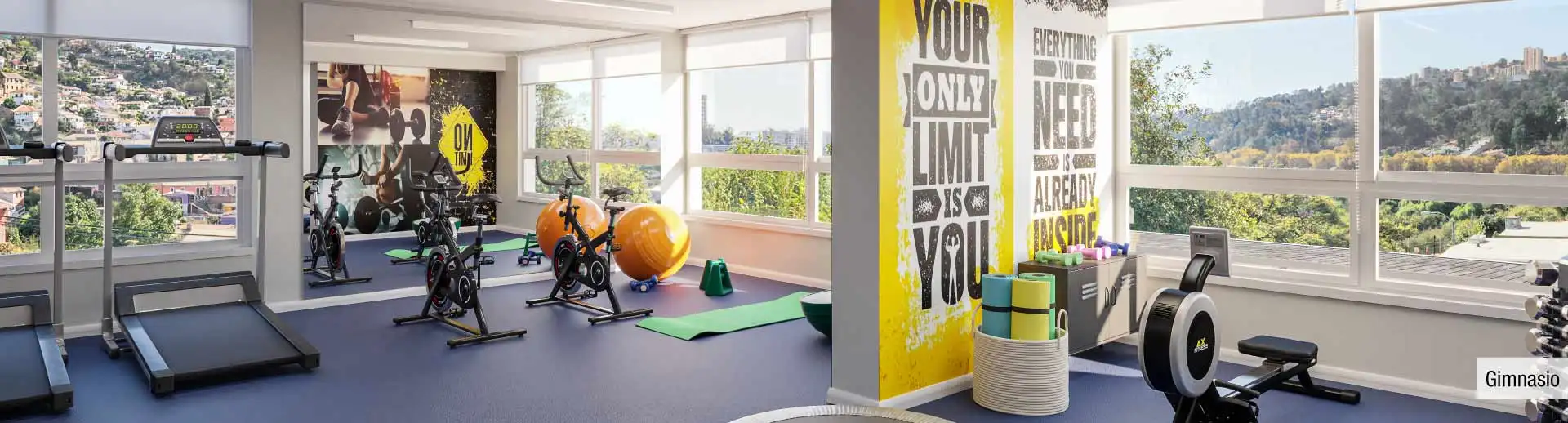 Gimnasio totalmente equipado en áreas comunes de Edificio Álvarez Oriente, Viña del Mar.
