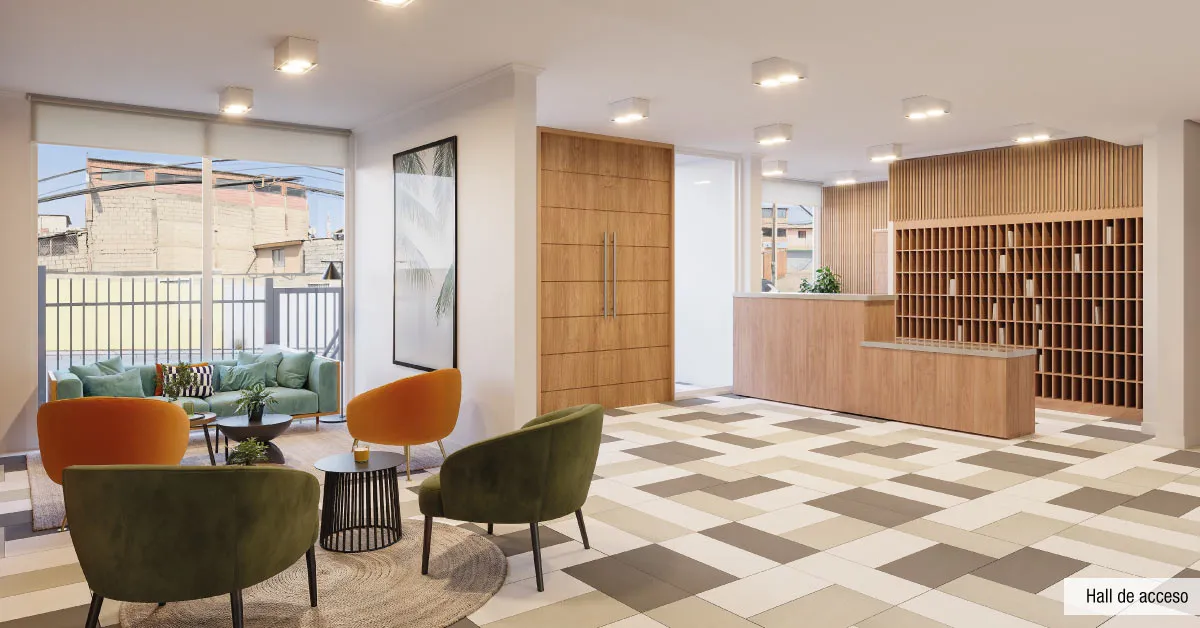 Hall de acceso independiente de Condominio Trocadero en Antofagasta, mostrando su moderna recepción.