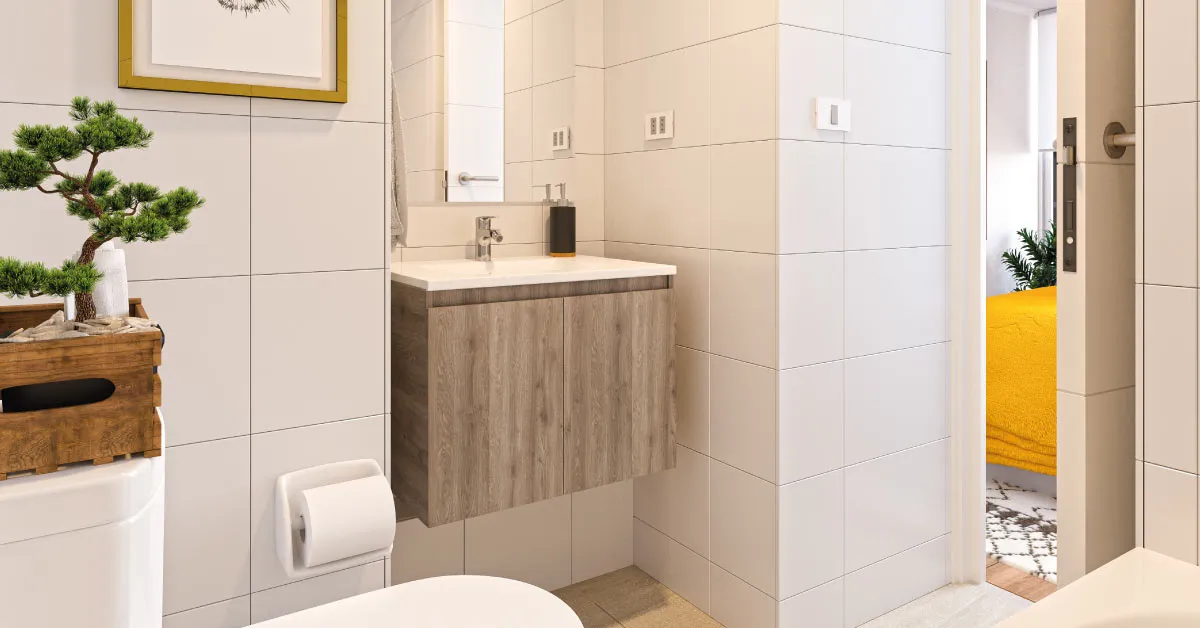 Moderno baño con piso cerámico en departamento de Condominio Francisco Zelada, Estación Central.