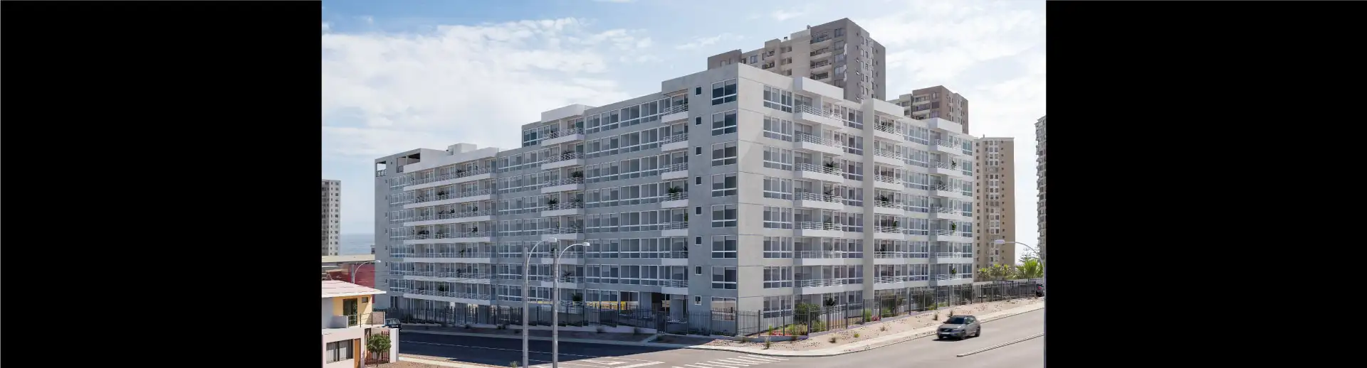 Vista exterior de Condominio Trocadero en Antofagasta, mostrando su arquitectura de 8 pisos.