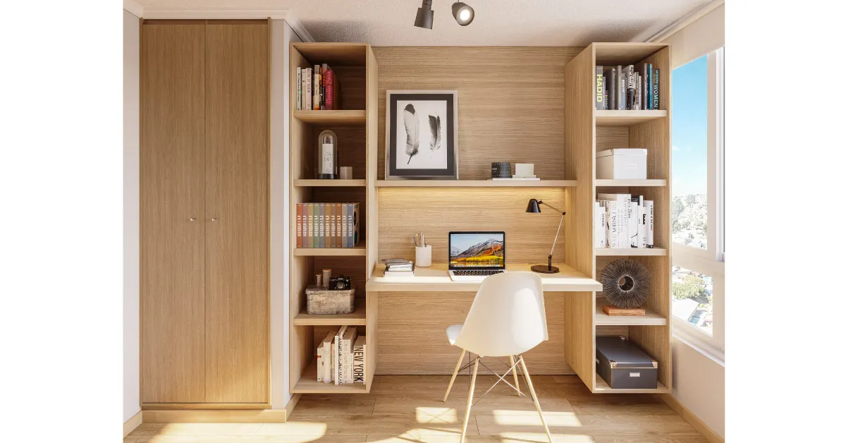 Espacio de home office con piso vinílico SPC en piloto de Edificio Álvarez Oriente, Viña del Mar.