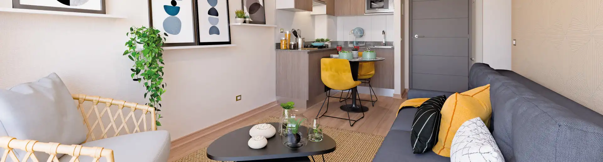 Living con piso vinílico SPC y cocina integrada en piloto de Condominio Francisco Zelada, Estación Central.