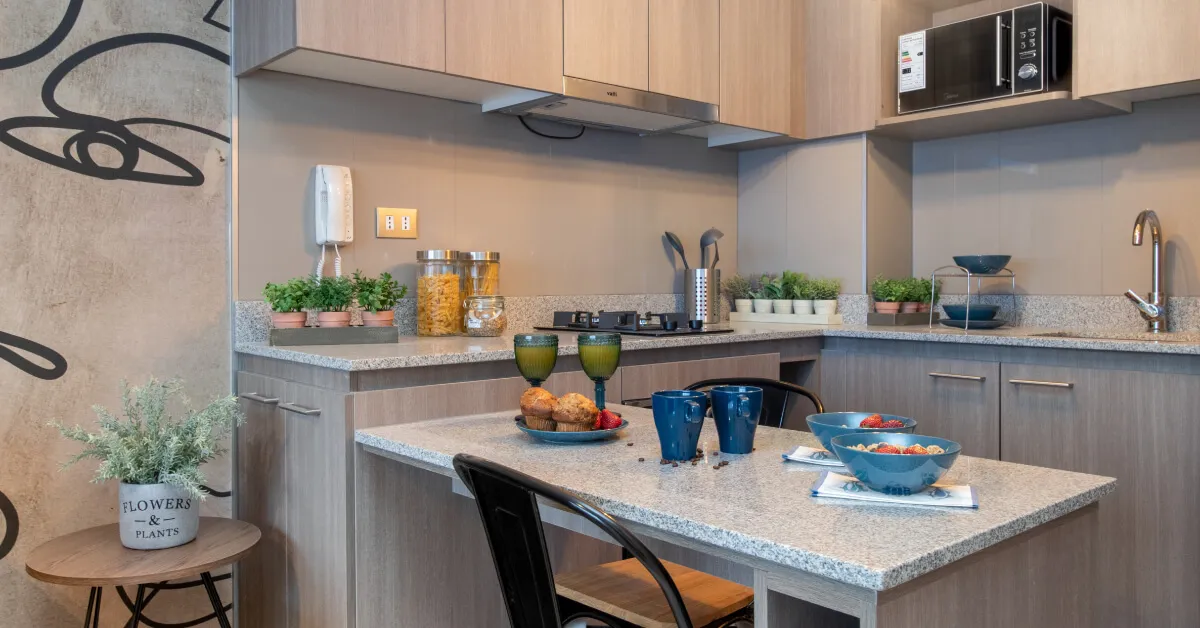 Detalles de cocina equipada con cubierta de granito en piloto de Edificio Lía Aguirre, La Florida.