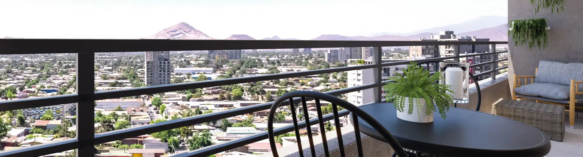 Terraza con piso de cerámica y vista panorámica en piloto de Condominio Francisco Zelada, Estación Central.