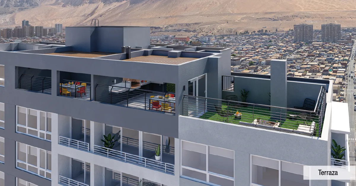 Vista aérea de quinchos y terraza panorámica en piso 26 de Edificio Dieciocho de Septiembre, Iquique.