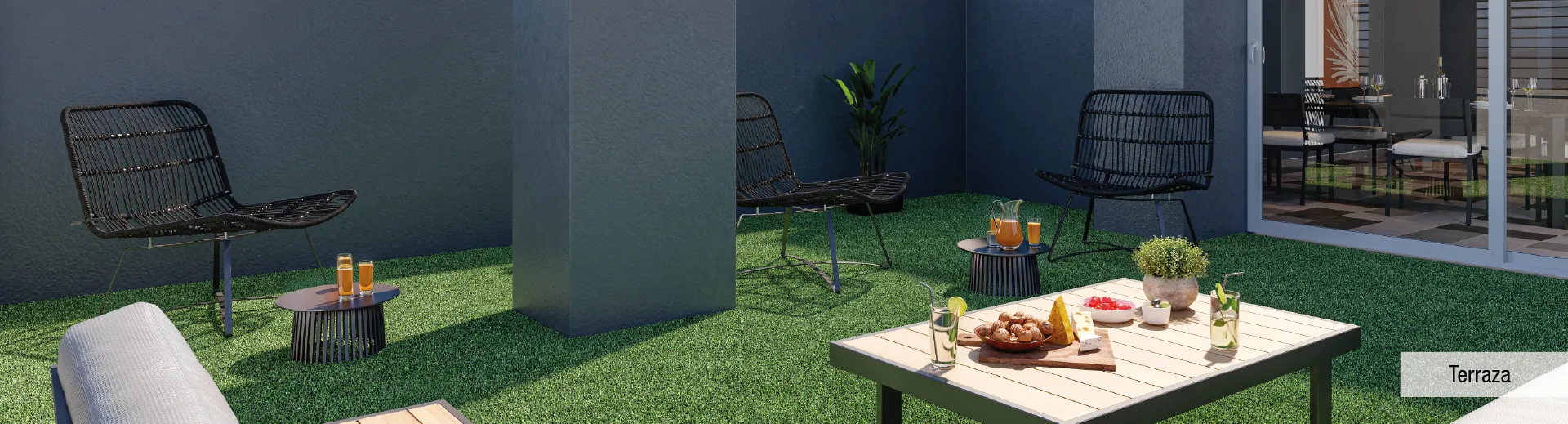 Terraza habitable con cómodos sectores de estar en piso 26 de Edificio Dieciocho de Septiembre, Iquique.