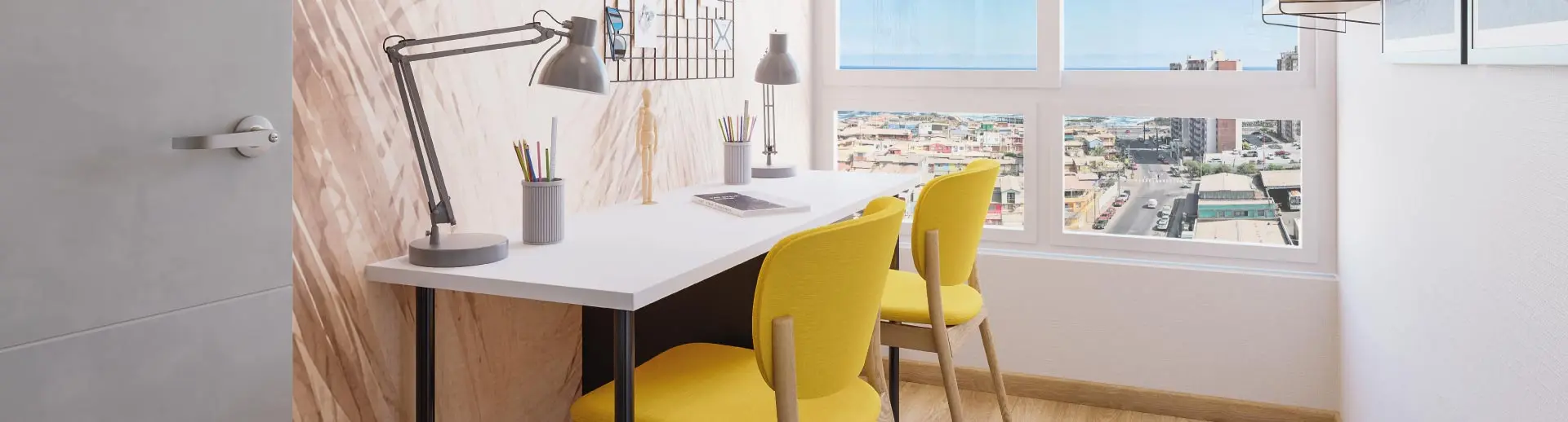 Dormitorio de Condominio Trocadero en Antofagasta habilitado como home office, mostrando su piso vinílico SPC.
