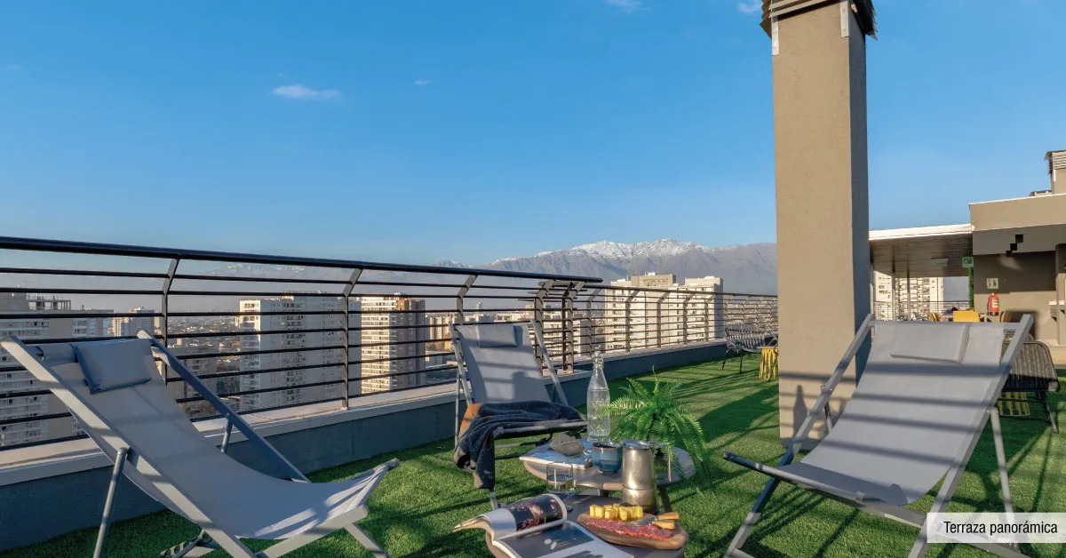 Zona de descanso en terraza panorámica de Edificio Briones Luco, La Cisterna, con gran vista.