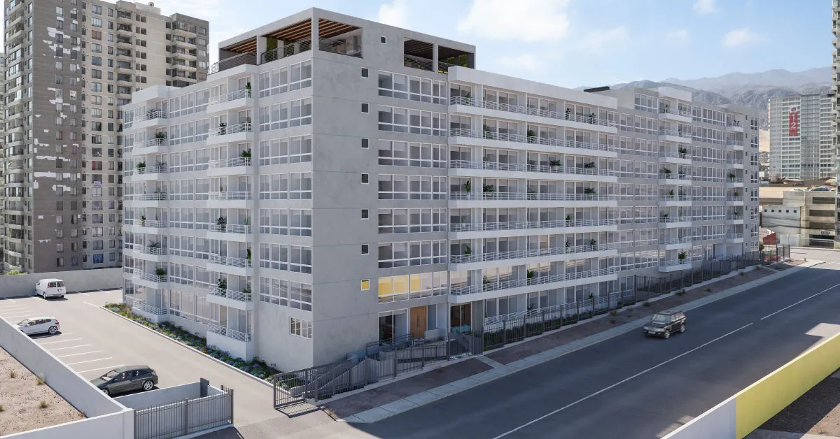 Fachada exterior de Condominio Trocadero en Antofagasta, destacando sus 8 pisos y acceso peatonal.