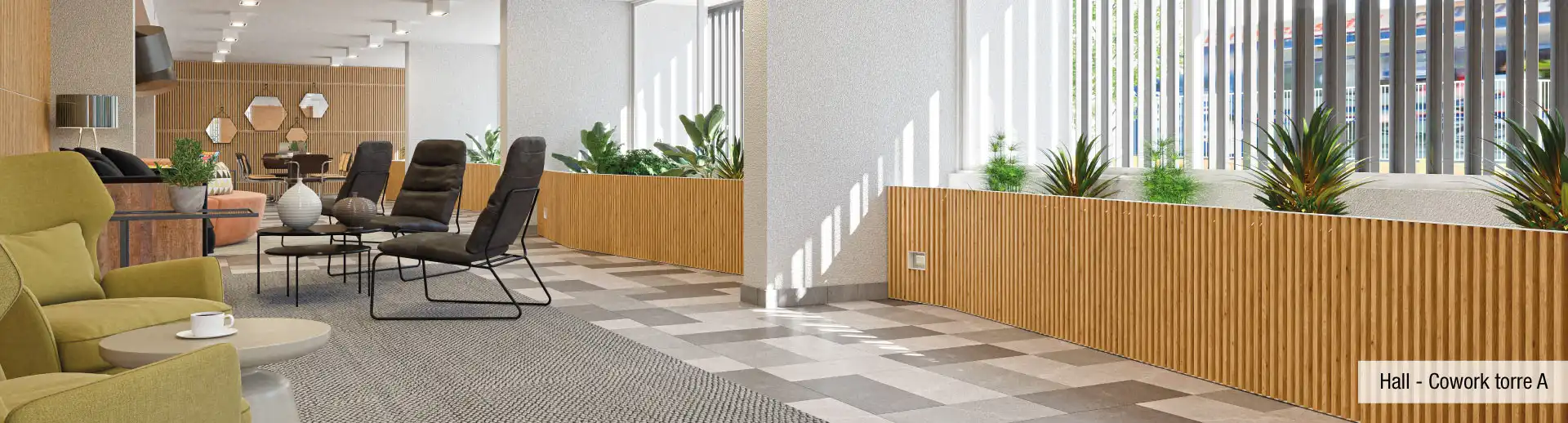 Cómodo sector cowork y hall con jardineras de interior en Condominio Francisco Zelada, Estación Central.