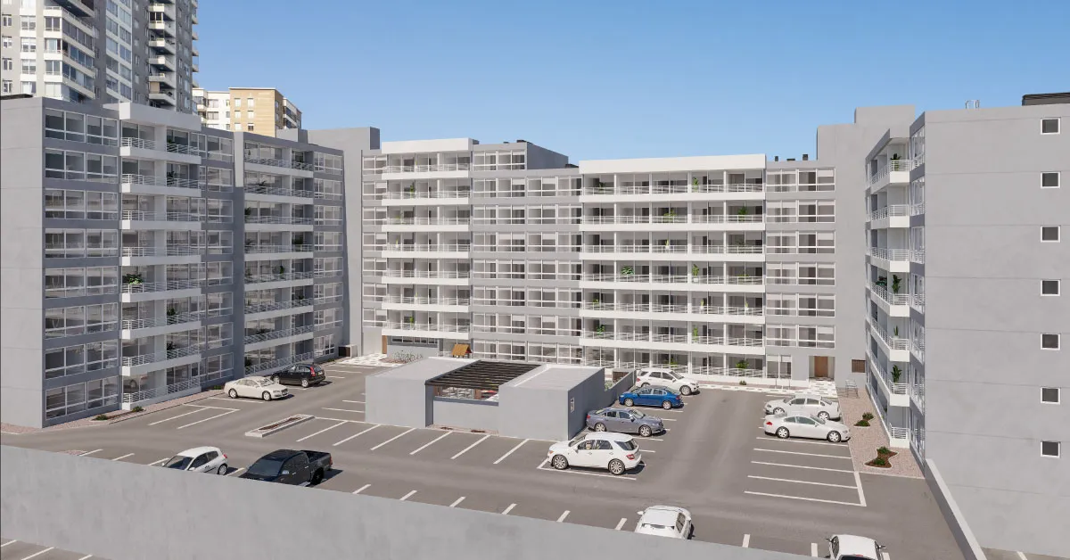 Patio interior de Condominio Trocadero en Antofagasta, destacando su acceso vehicular común.