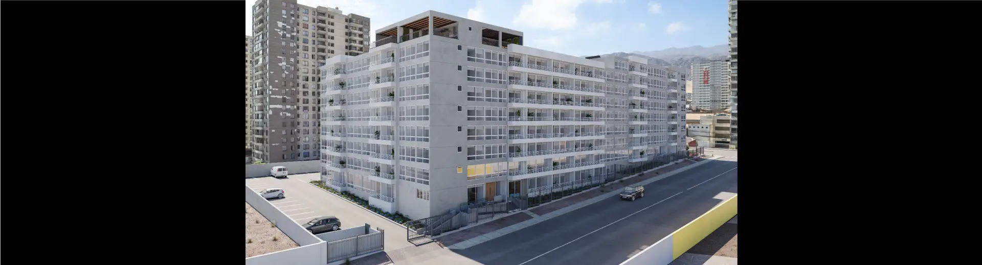 Fachada exterior de Condominio Trocadero en Antofagasta, destacando sus 8 pisos y acceso peatonal.