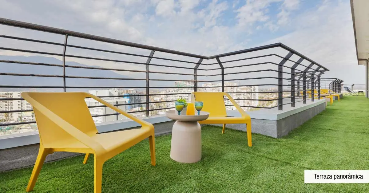 Terraza panorámica con decoración de vanguardia y gran vista en Edificio Lía Aguirre, La Florida.