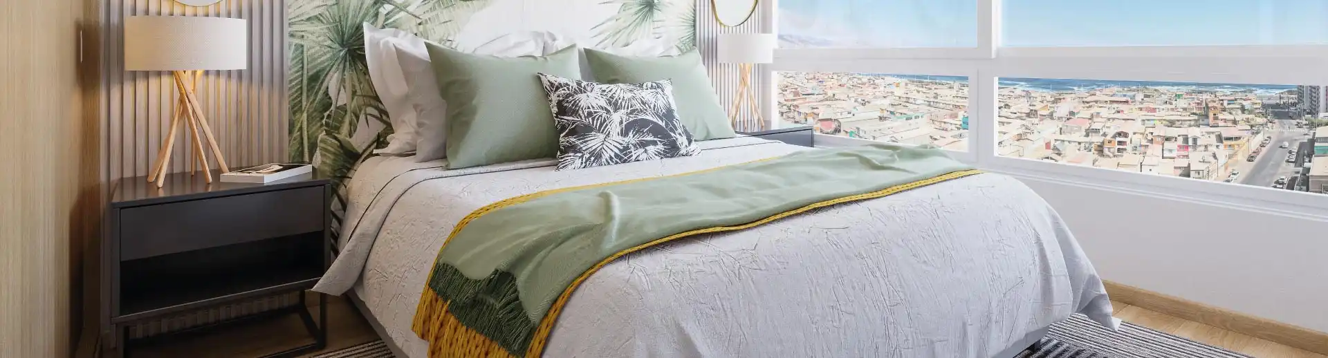 Dormitorio principal de Condominio Trocadero en Antofagasta, destacando su piso vinílico SPC y vista al mar.