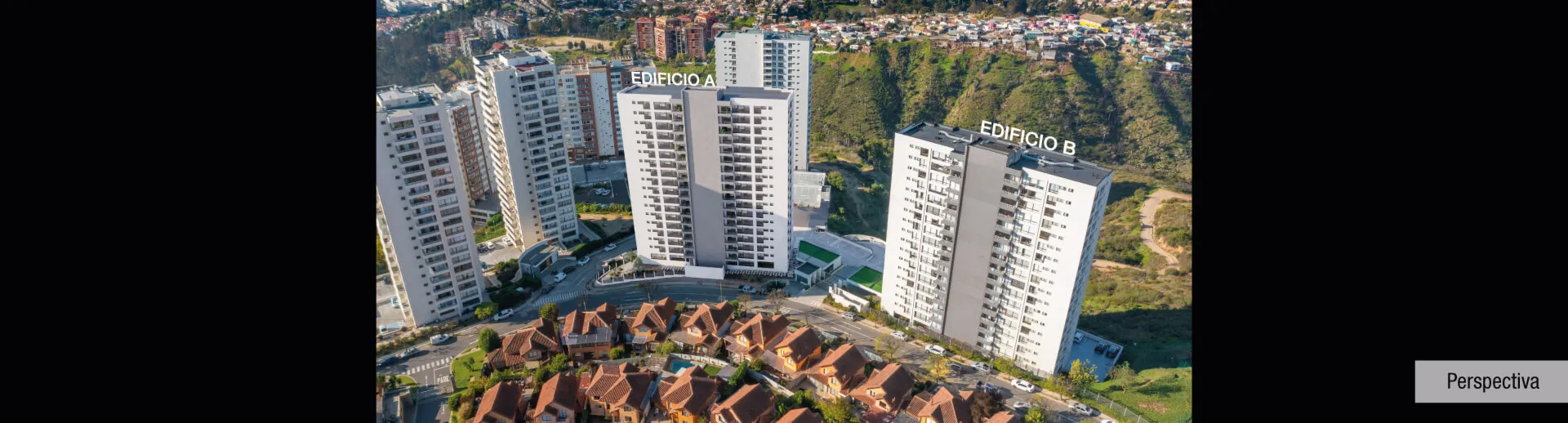 Vista aérea de las torres del Condominio Parque Marañón en Viña del Mar con accesos controlados.