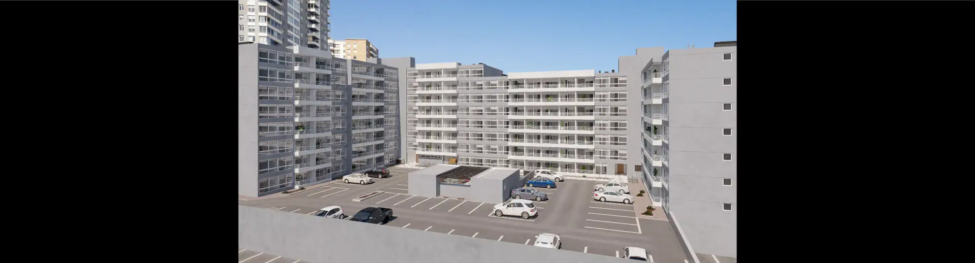 Patio interior de Condominio Trocadero en Antofagasta, destacando su acceso vehicular común.