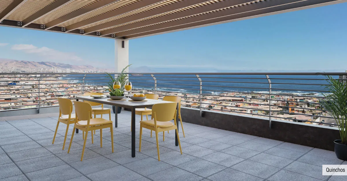 Quincho en el último piso de Condominio Trocadero en Antofagasta, destacando su increíble vista a la ciudad.
