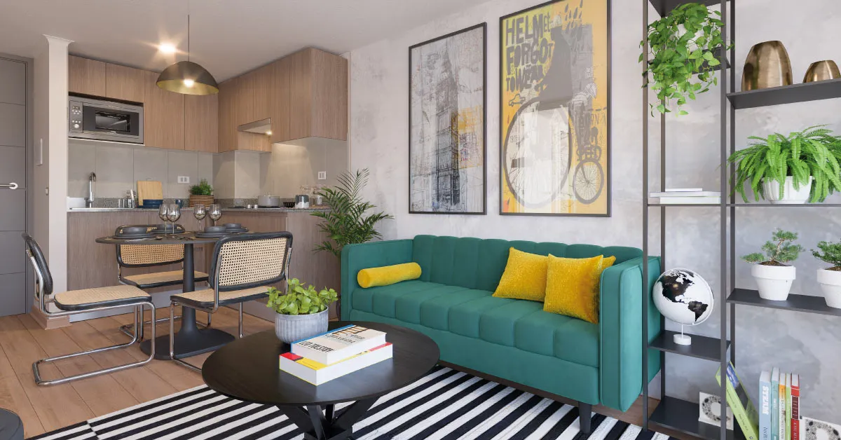 Cómodo living comedor con piso vinílico SPC en departamento de Condominio Francisco Zelada, Estación Central.