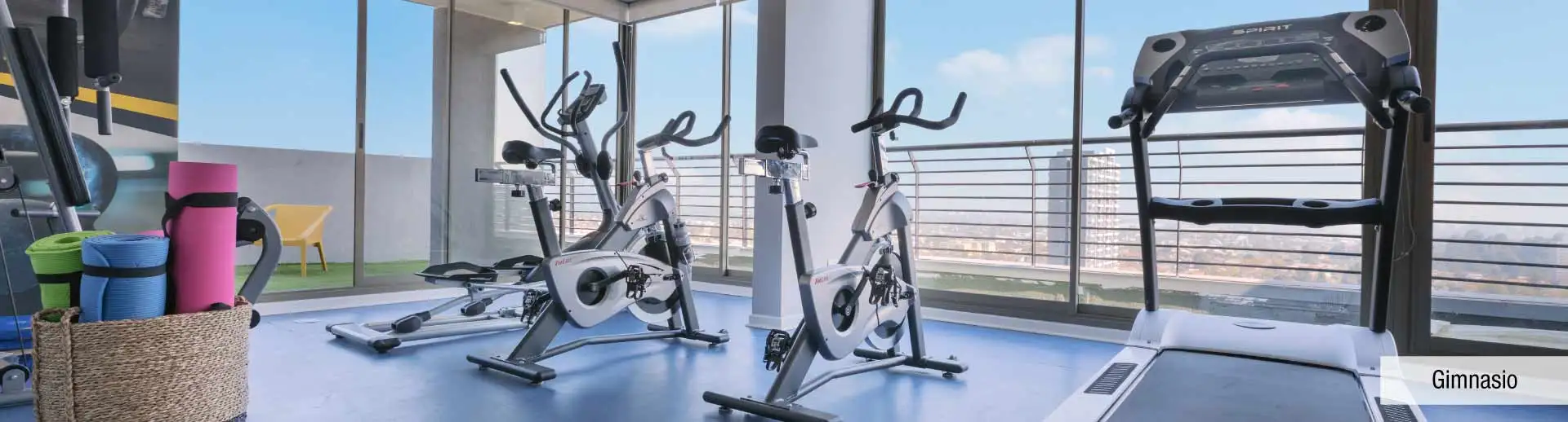Completo gimnasio equipado con vista panorámica en Edificio Lía Aguirre, La Florida.