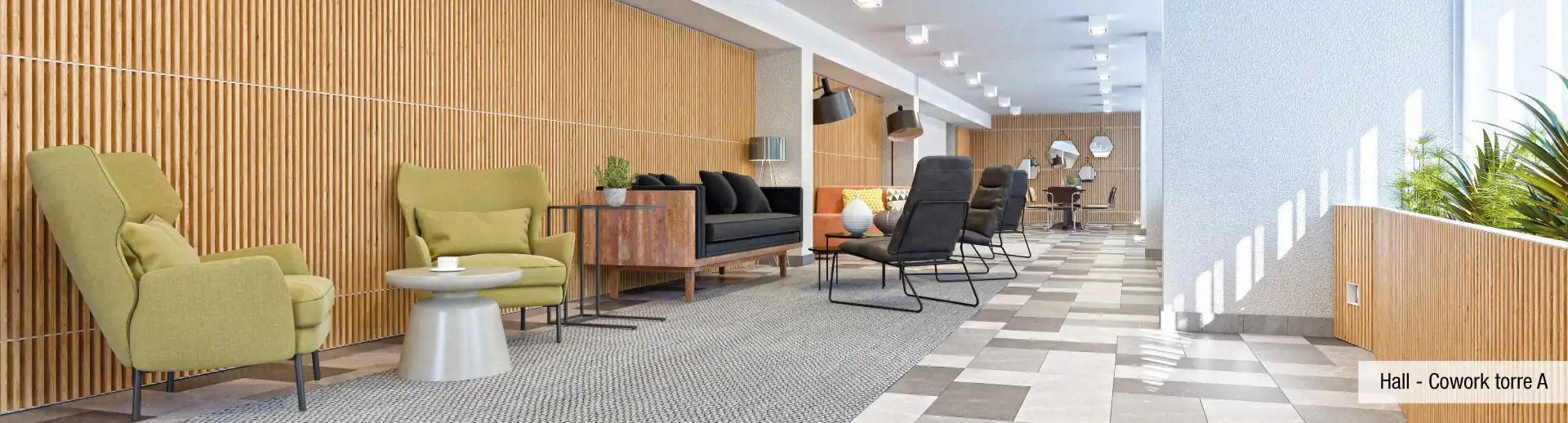 Hall de acceso y cowork de libre uso con moderna decoración en Condominio Francisco Zelada, Estación Central.