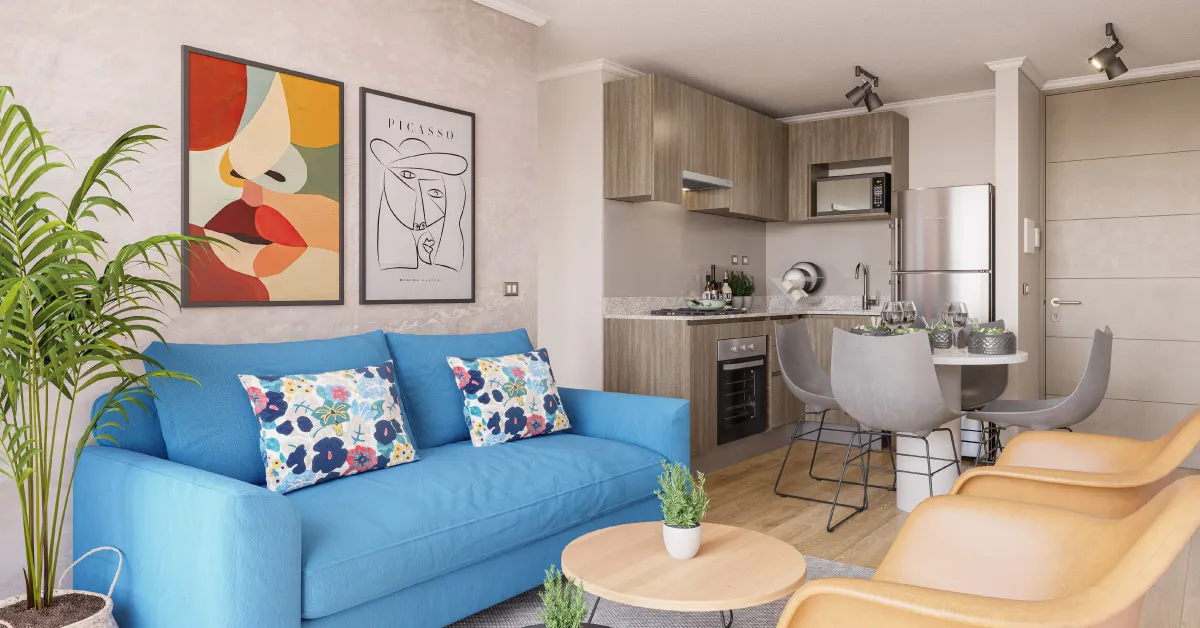Acogedor living con piso vinílico SPC en departamento de Edificio Álvarez Oriente, Viña del Mar.