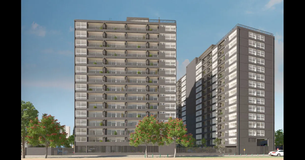 Moderna fachada de los 2 edificios de solo 15 pisos del Condominio Francisco Zelada en Estación Central.