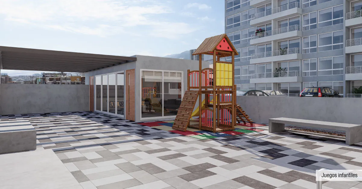 Zona de juegos infantiles de Condominio Trocadero en Antofagasta, mostrando espacios seguros al aire libre.